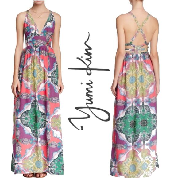 Yumi Kim Enchanted Silk Maxi Dress‎ Mosaic Print Back Cutout Detail Size Medium - Picture 11 of 11